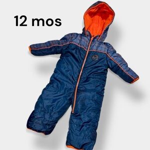 EUC Baby Xtreme Blue & Orange Snowsuit w/ Hood & Foldover Feet & Mitts (12 mos)